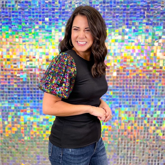 BOUTIQUE Elliana Black Multi Color Rainbow Sequin Puff Sleeve Fitted Top XL - Picture 11 of 12